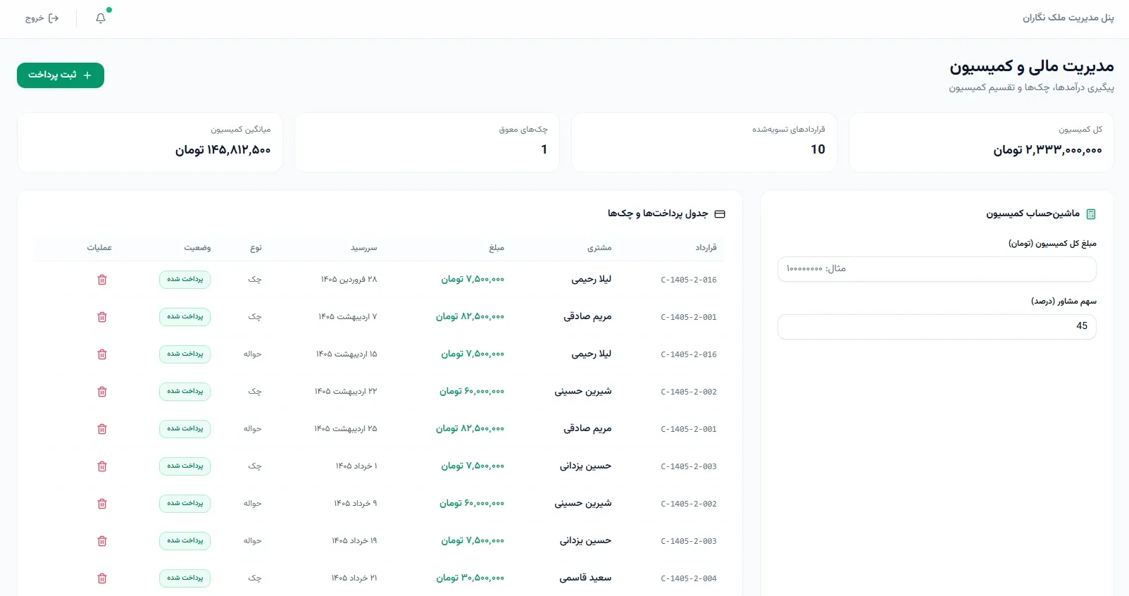 صفحه مدیریت مالی و کمیسیون در پنل ملکنگاران